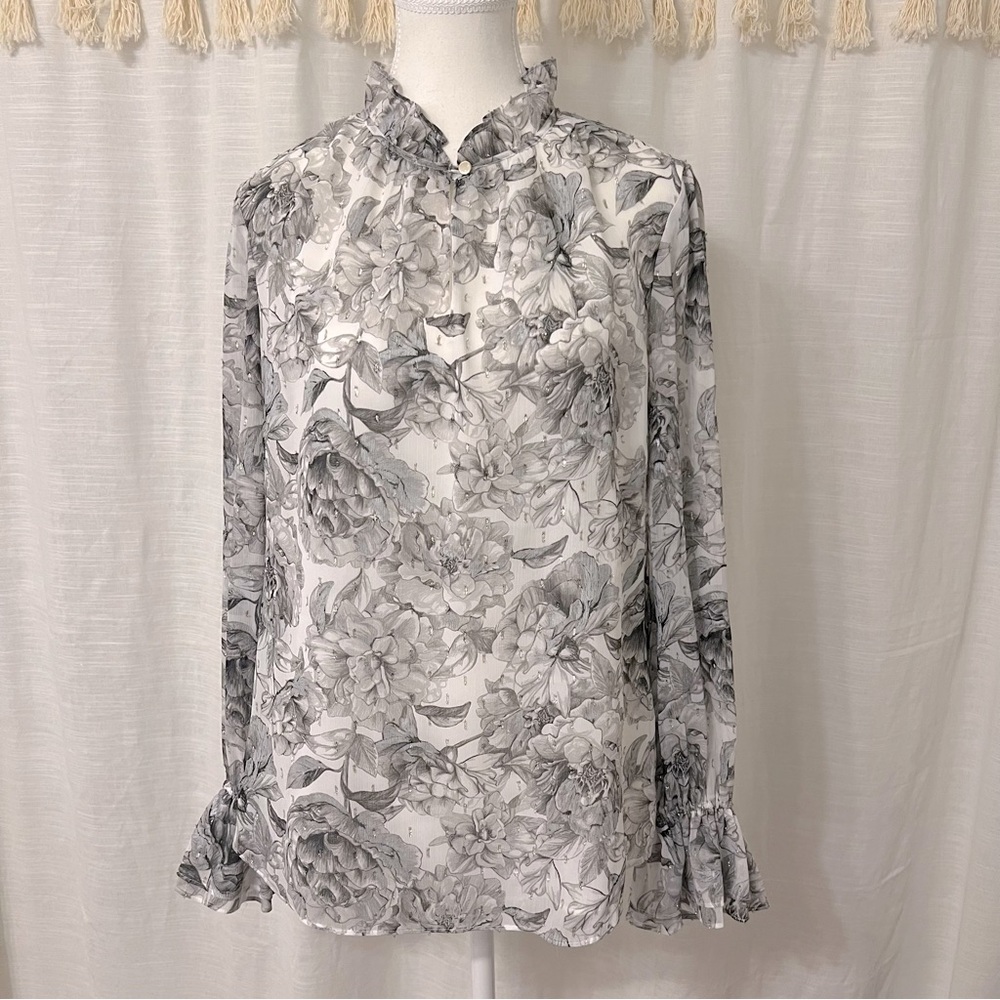 White House Black Market Stand Collar Gray Floral Long Sleeve